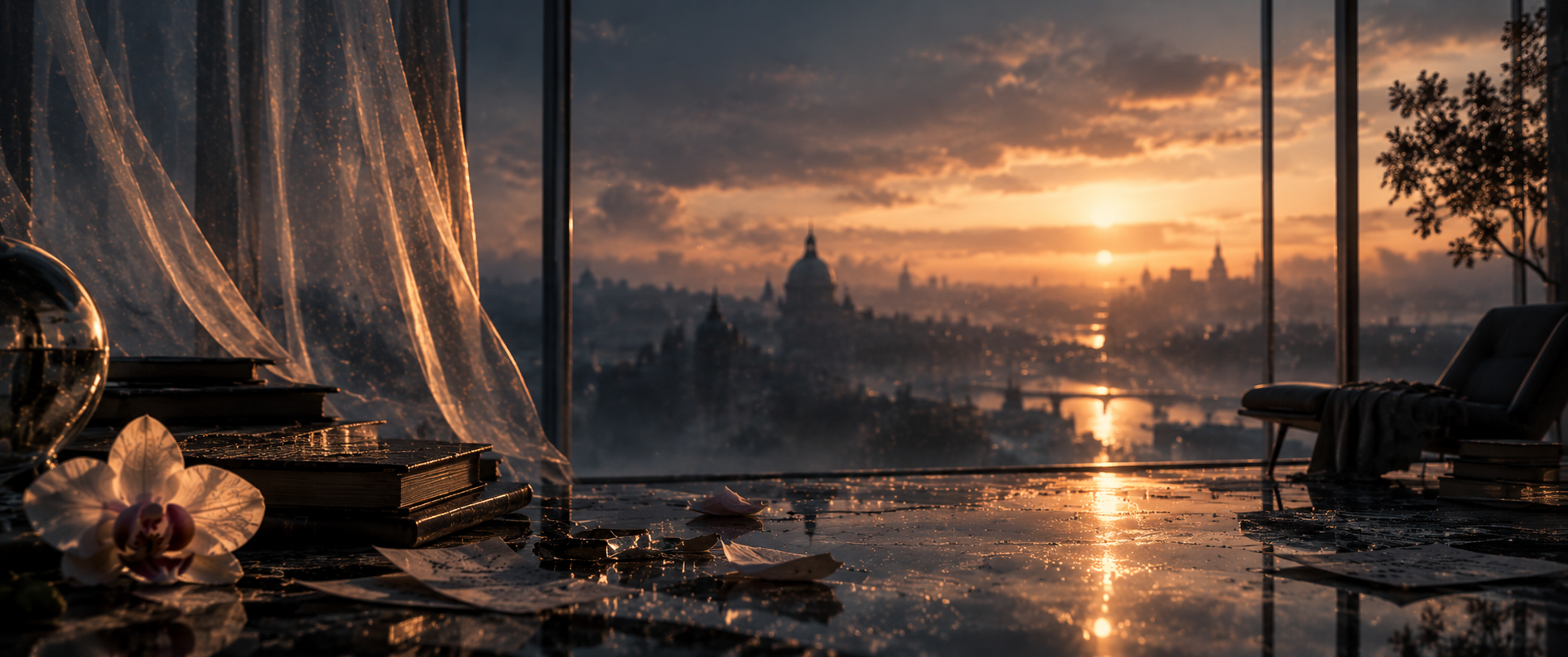 Atmosphère onirique de livres, feuilles et lumière au crépuscule.